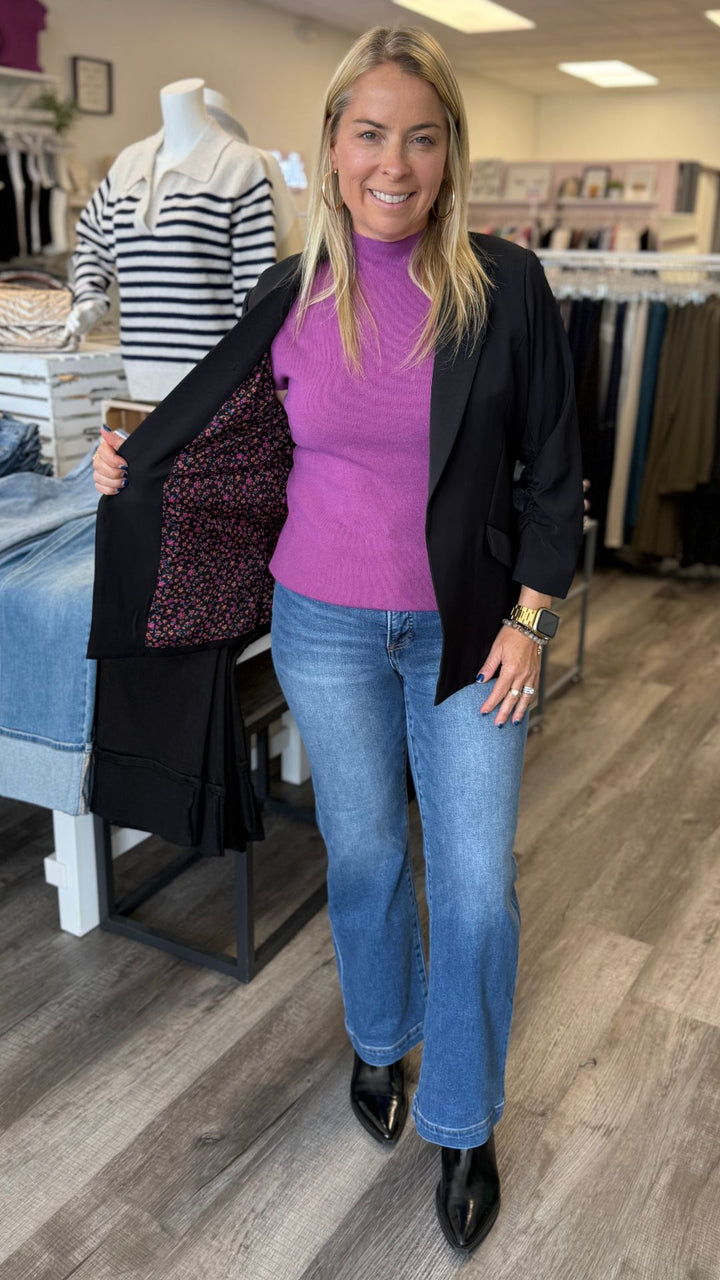 Black Shirred Sleeve Blazer