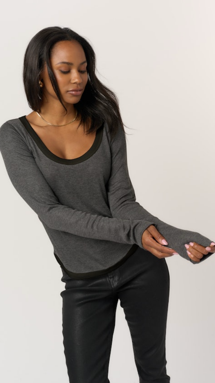 Charcoal Black Contrast Scoop Neck Rib Long Sleeve