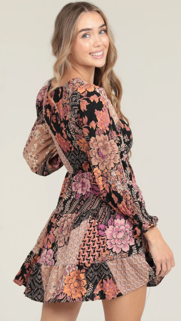 Twist Front Long Sleeve Patchwork Print Dress