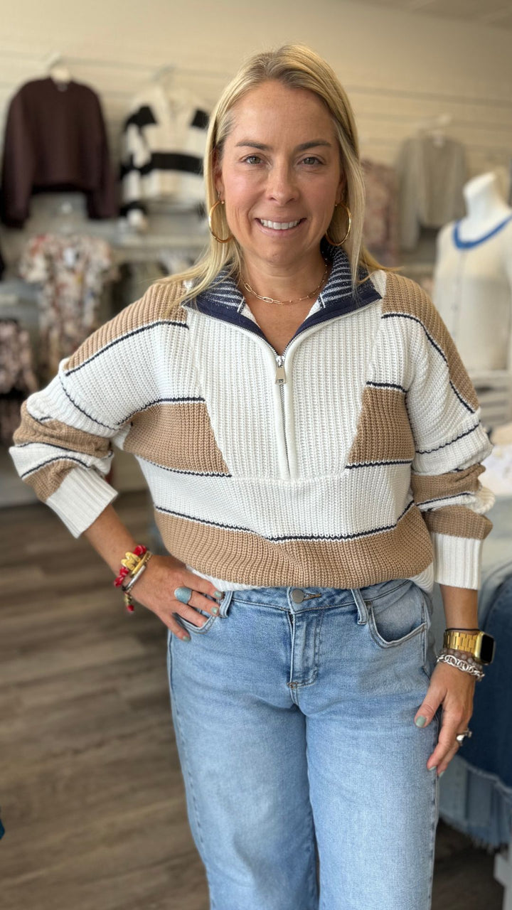 Camel Quarter Zip Colorblock Sweater