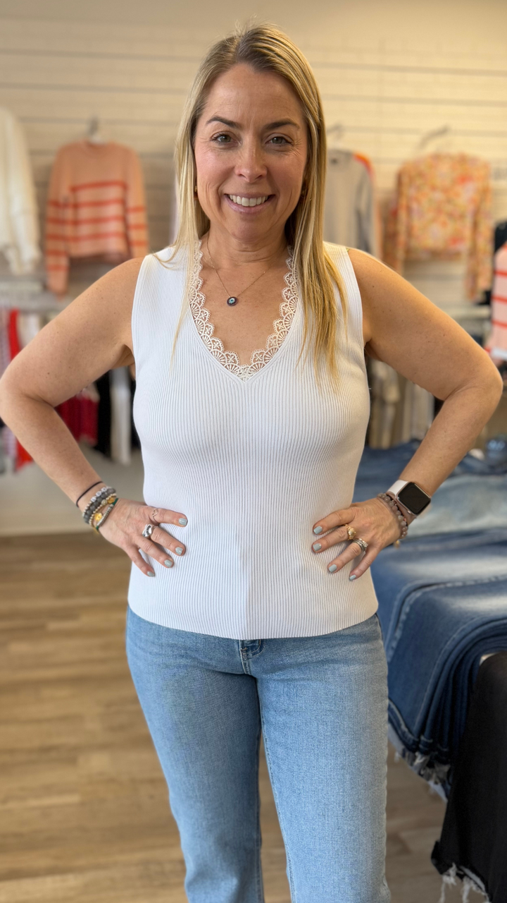 White Lace Trim Knit Tank