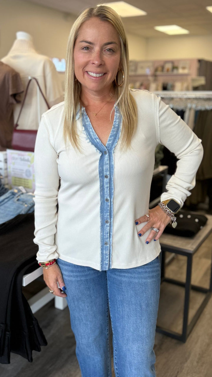 Vintage White Washed Rib Thermal Button Down Top