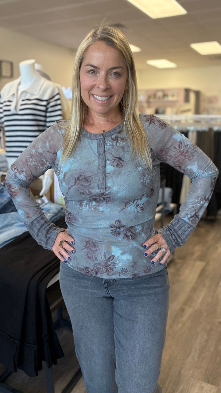 Mesh Floral Print Henley Top