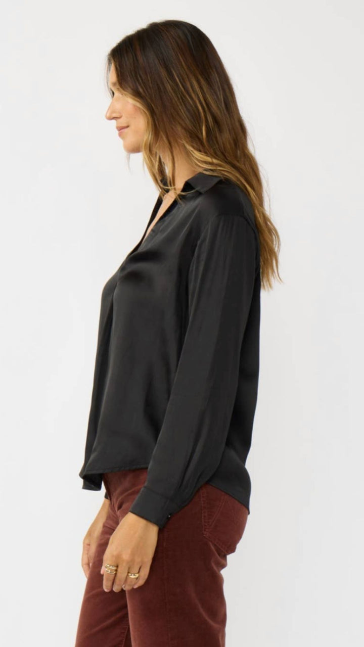 Black Split Neck Satin Blouse