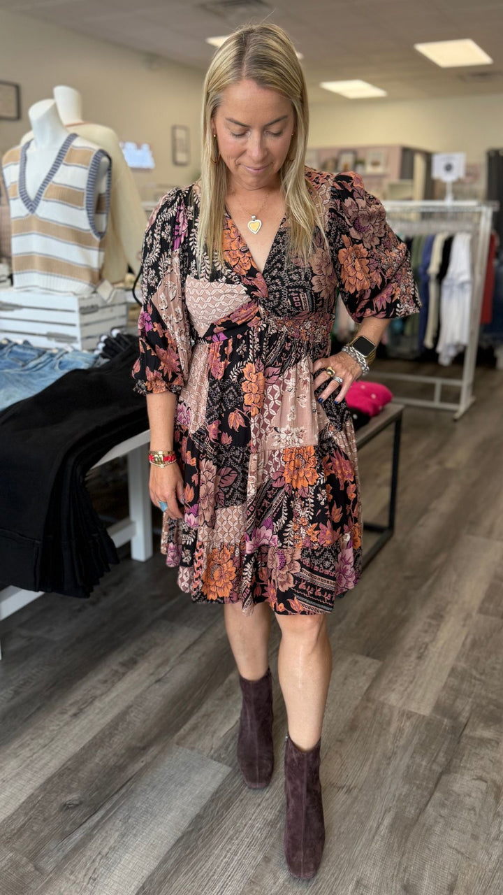 Twist Front Long Sleeve Patchwork Print Dress