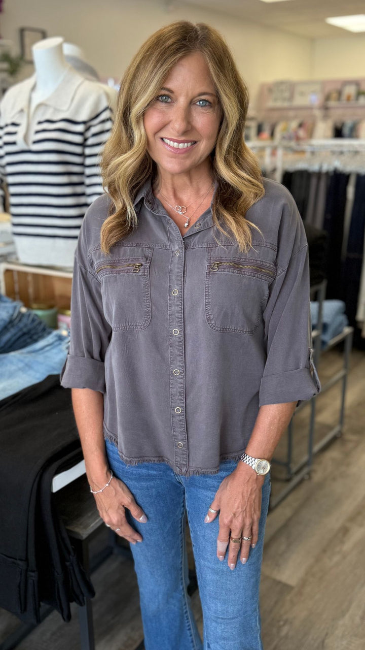 Charcoal Knapp Distressed Cargo Button Up Top