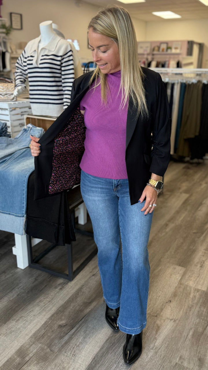 Black Shirred Sleeve Blazer