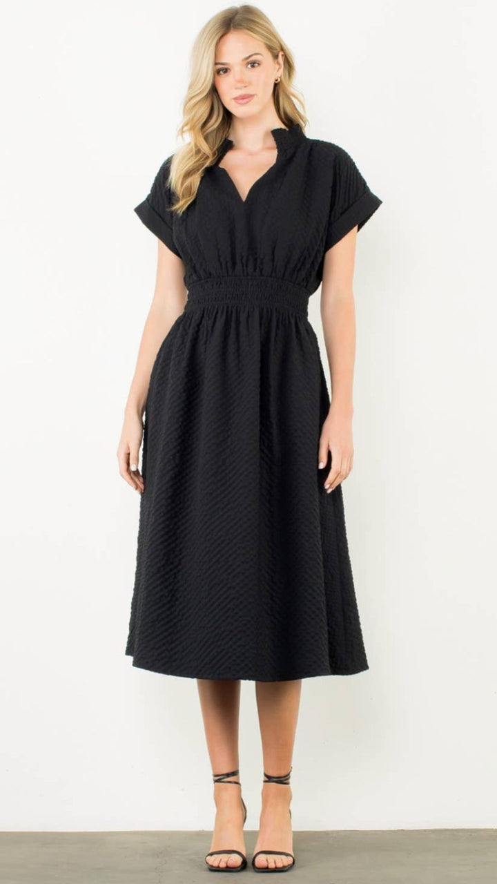 Textured Split Neck Smocked Waist Midi Dress