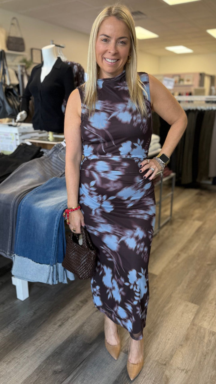 Brown And Blue Floral Mesh Ruched Midi Dress