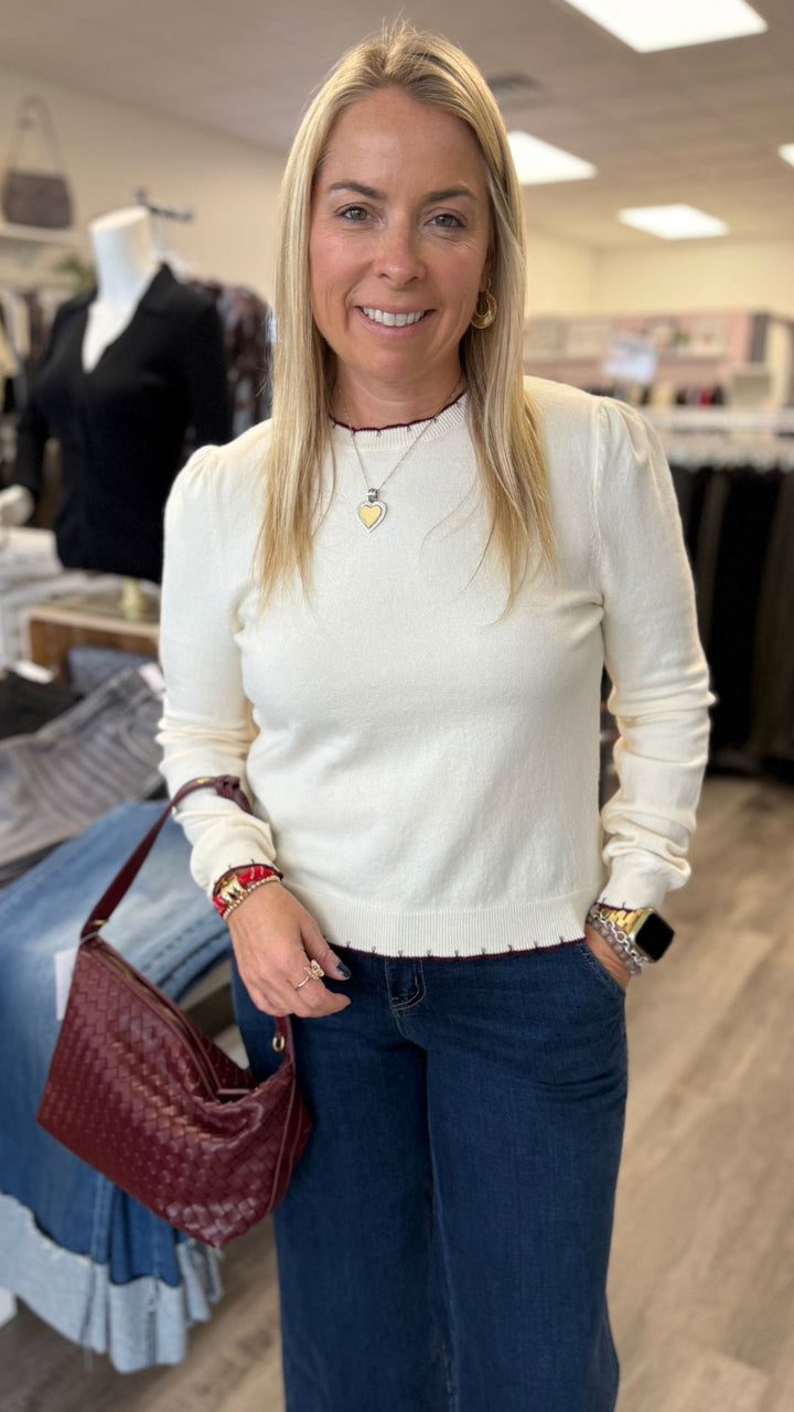 Ivory And Wine Contrast Knit Scalloped Edge Sweater