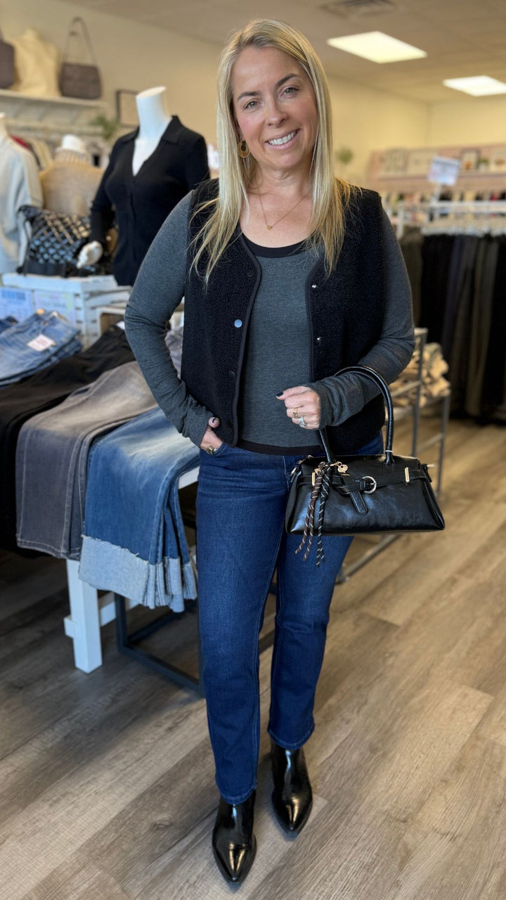 Charcoal Black Contrast Scoop Neck Rib Long Sleeve