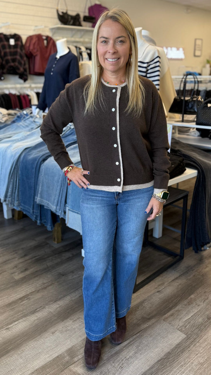 Brown Mocha Color Contrast Button Front Cardigan