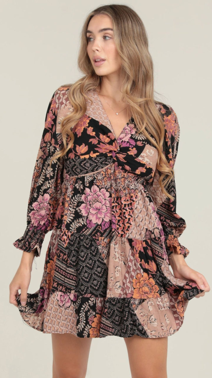 Twist Front Long Sleeve Patchwork Print Dress