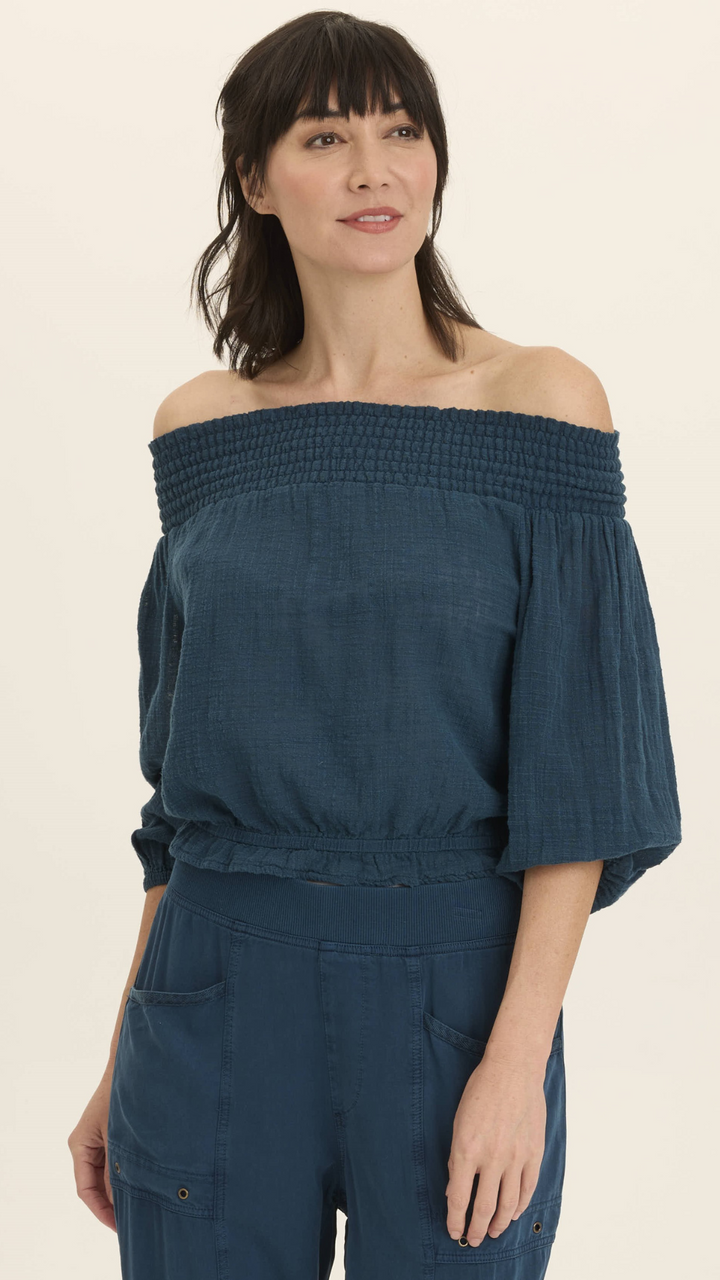 Abyss Pigment Jolia Gauze Off Shoulder Billow Sleeve Top