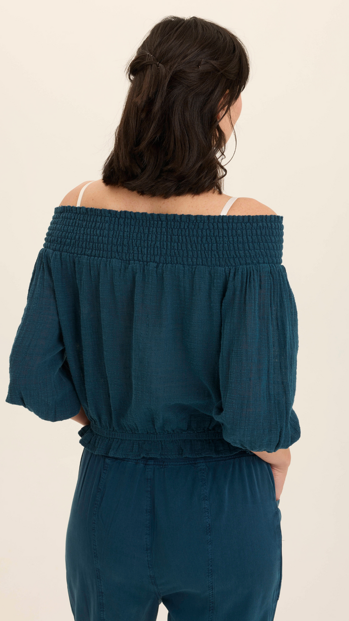 Abyss Pigment Jolia Gauze Off Shoulder Billow Sleeve Top