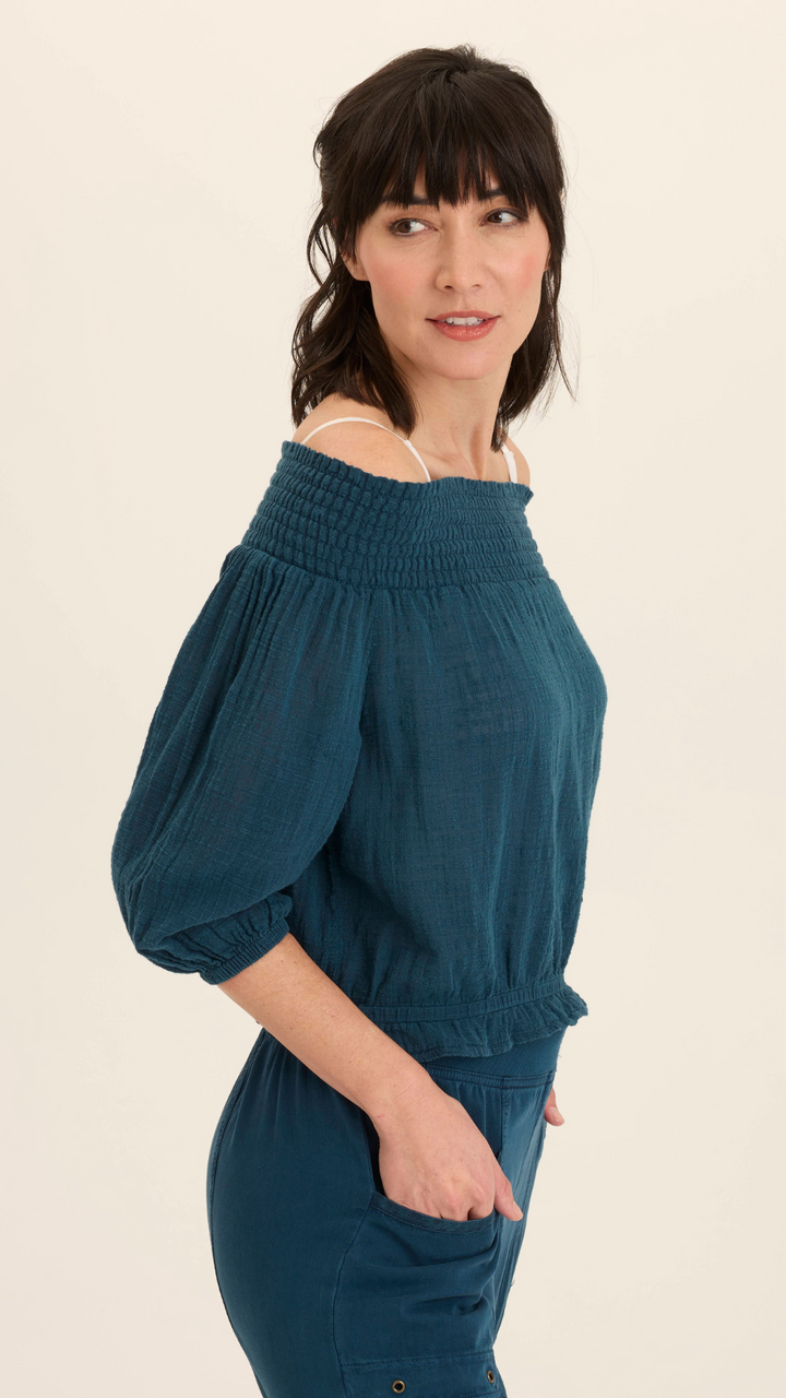 Abyss Pigment Jolia Gauze Off Shoulder Billow Sleeve Top