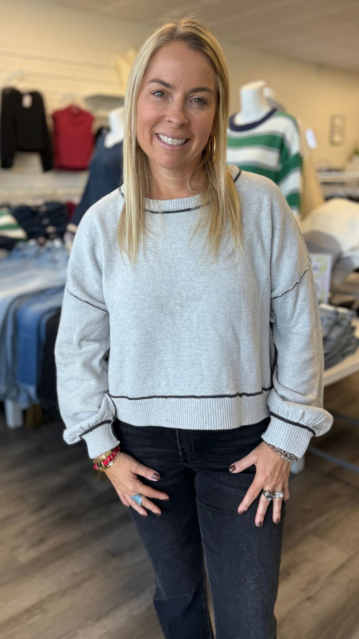 Light Gray Contrast Seam Pullover Sweater