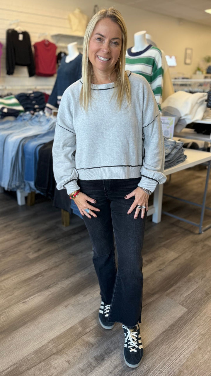 Light Gray Contrast Seam Pullover Sweater