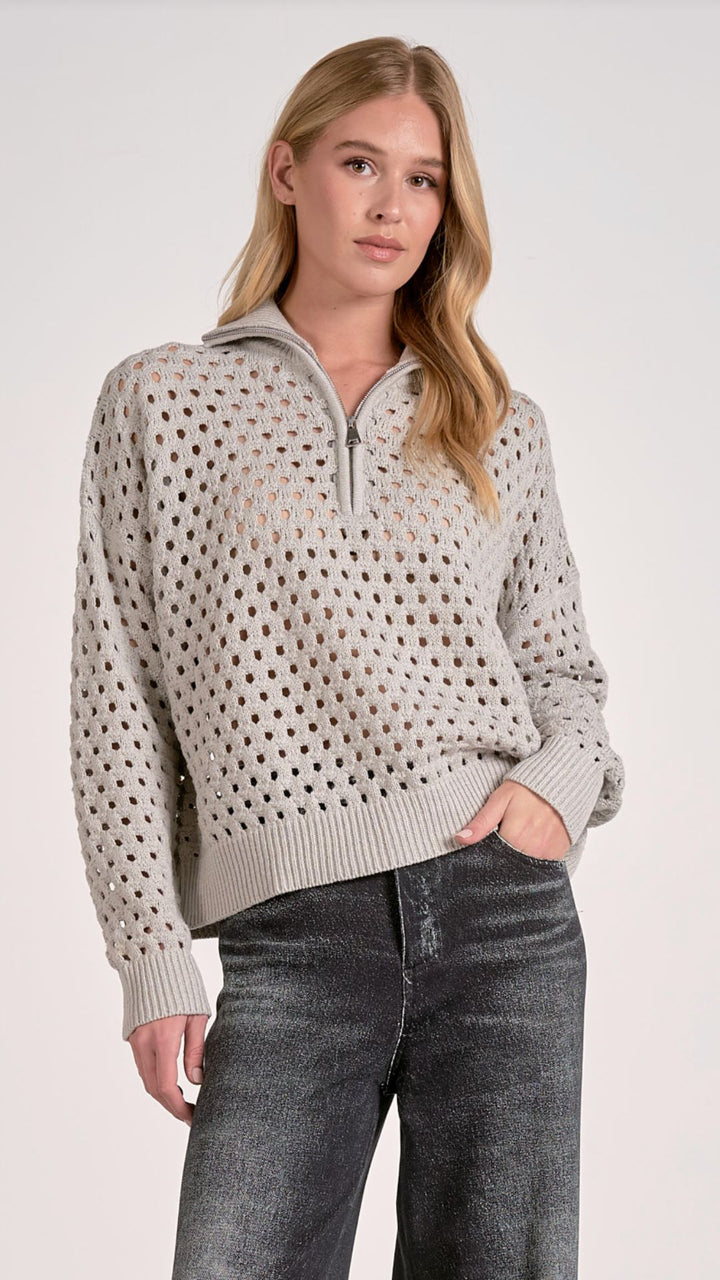 Gray Half Zip Open Knit Sweater