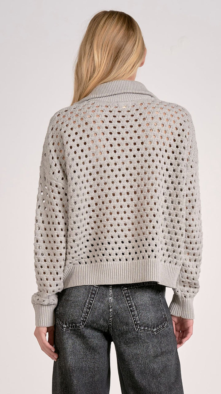 Gray Half Zip Open Knit Sweater