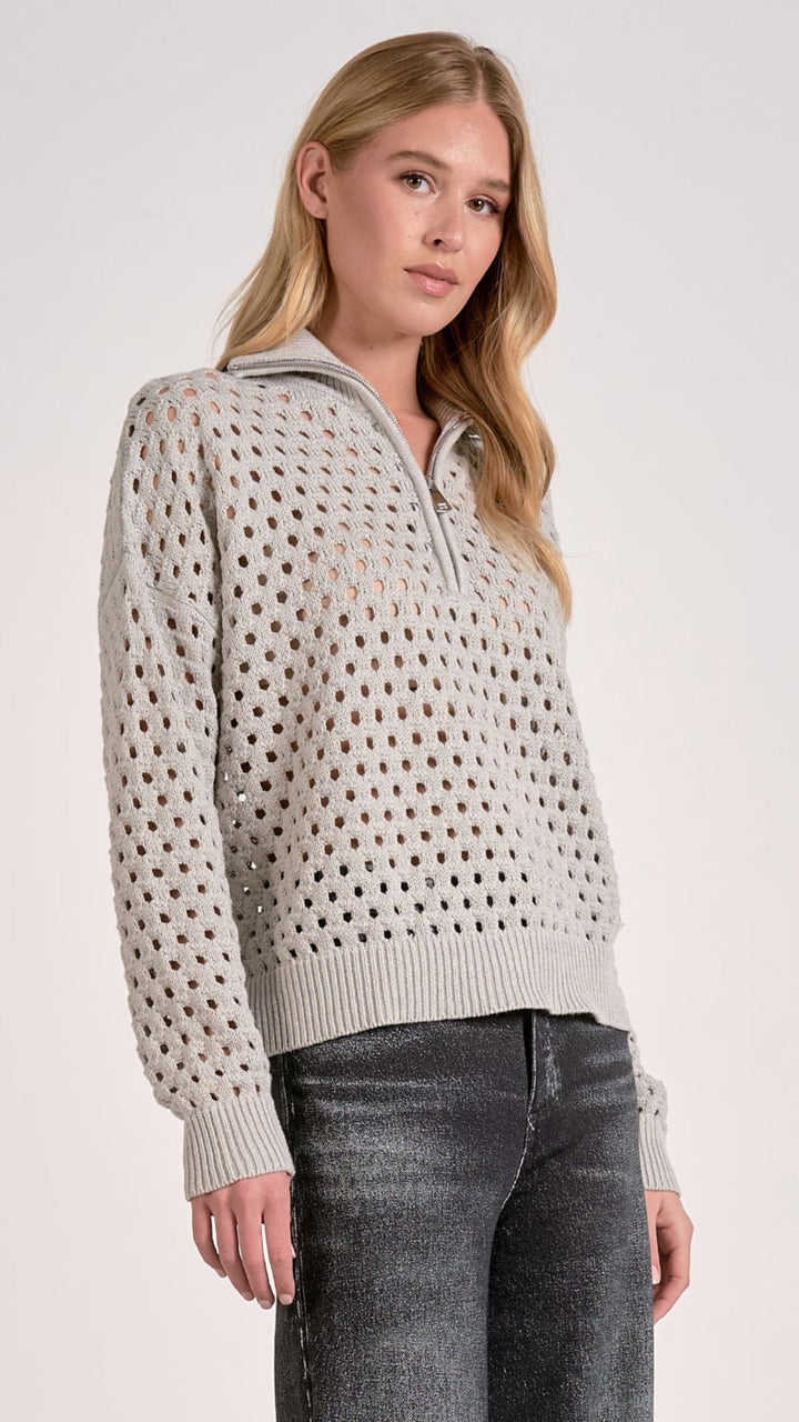 Gray Half Zip Open Knit Sweater