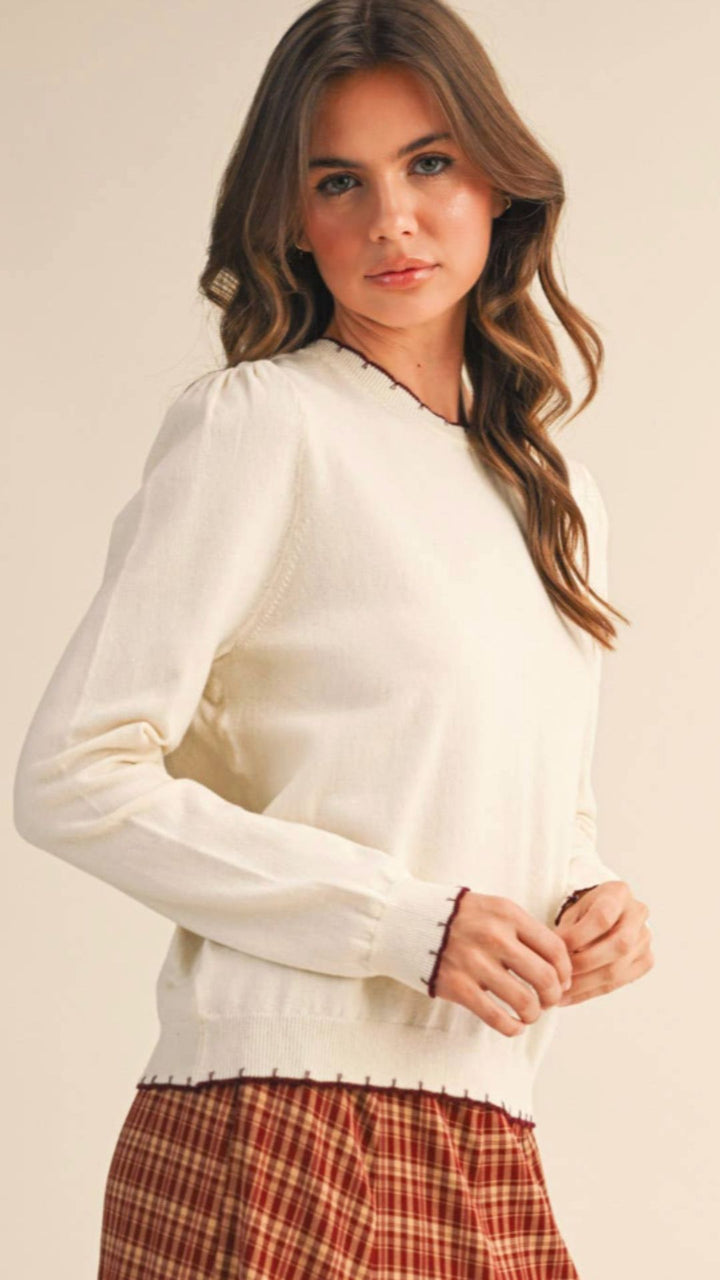Ivory And Wine Contrast Knit Scalloped Edge Sweater