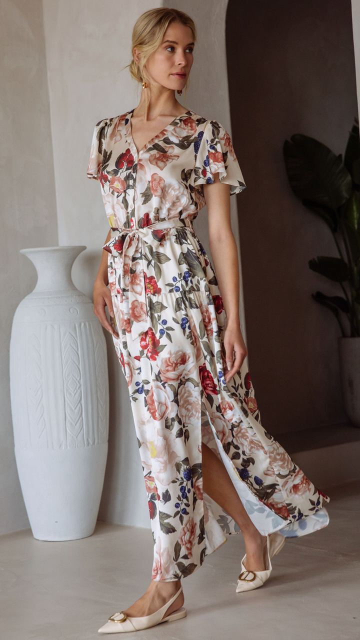 Floral Print Button Front Tiered Maxi Dress