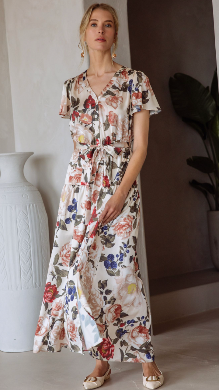 Floral Print Button Front Tiered Maxi Dress