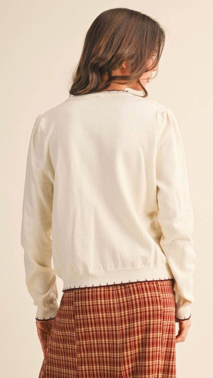 Ivory And Wine Contrast Knit Scalloped Edge Sweater