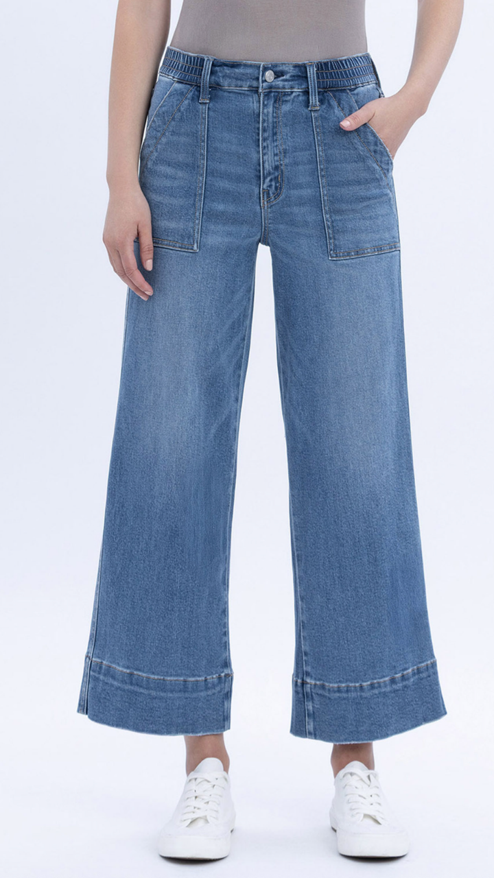 High Rise Elastic Waistband Utility Pocket Wide Leg Jeans