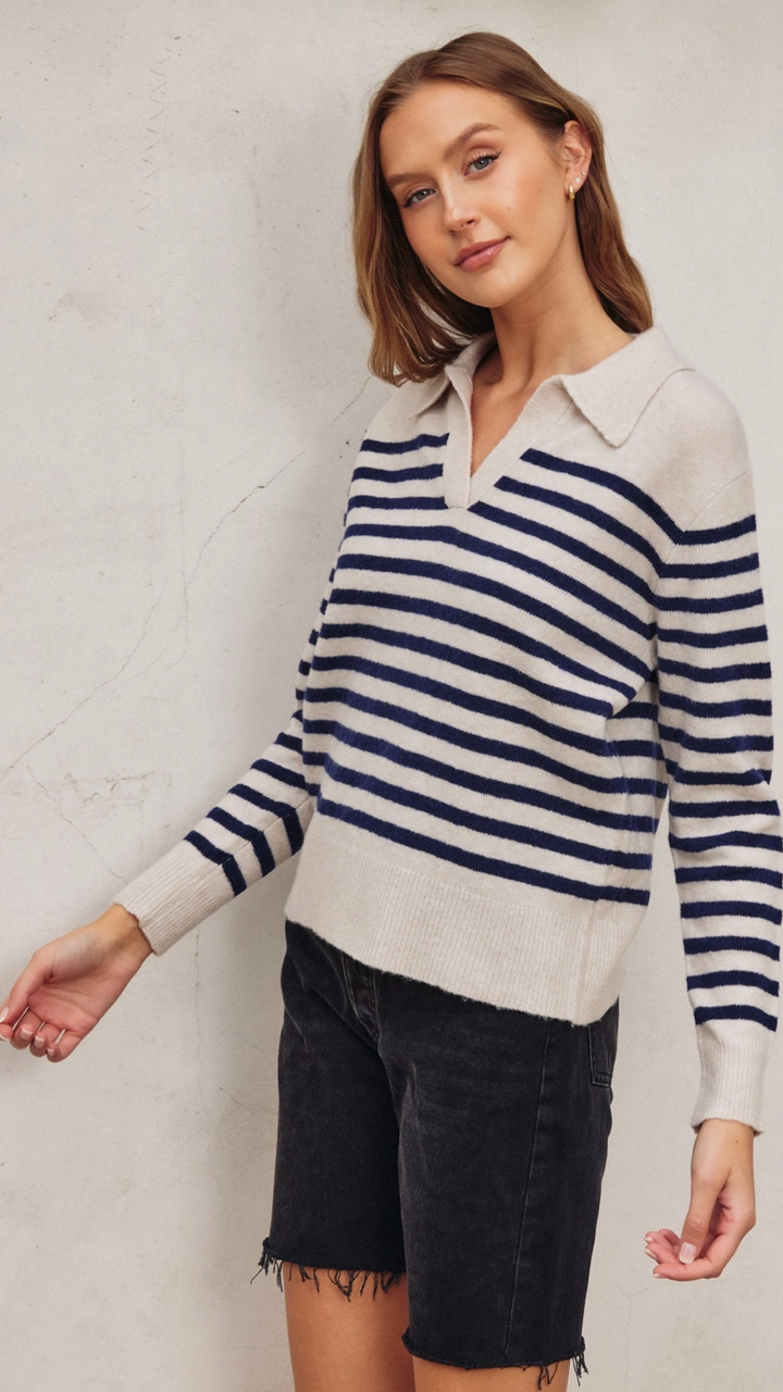 Soft Fuzzy Navy Striped Polo Sweater