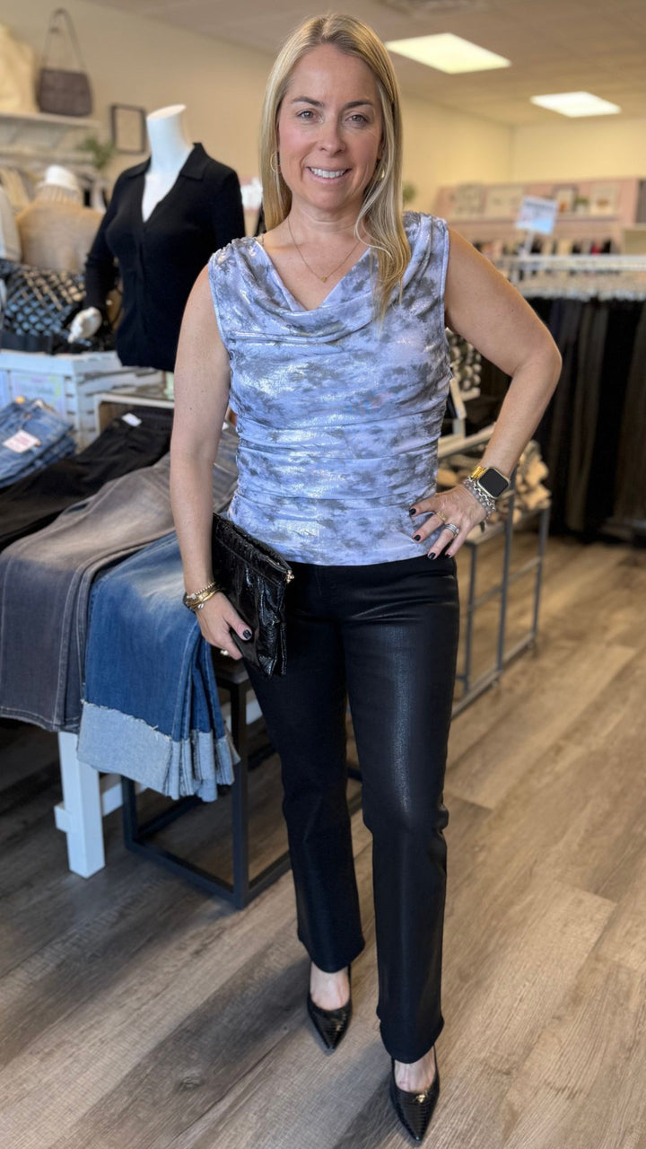 Mid Rise Coated Black Slim Cropped Bootcut Jeans