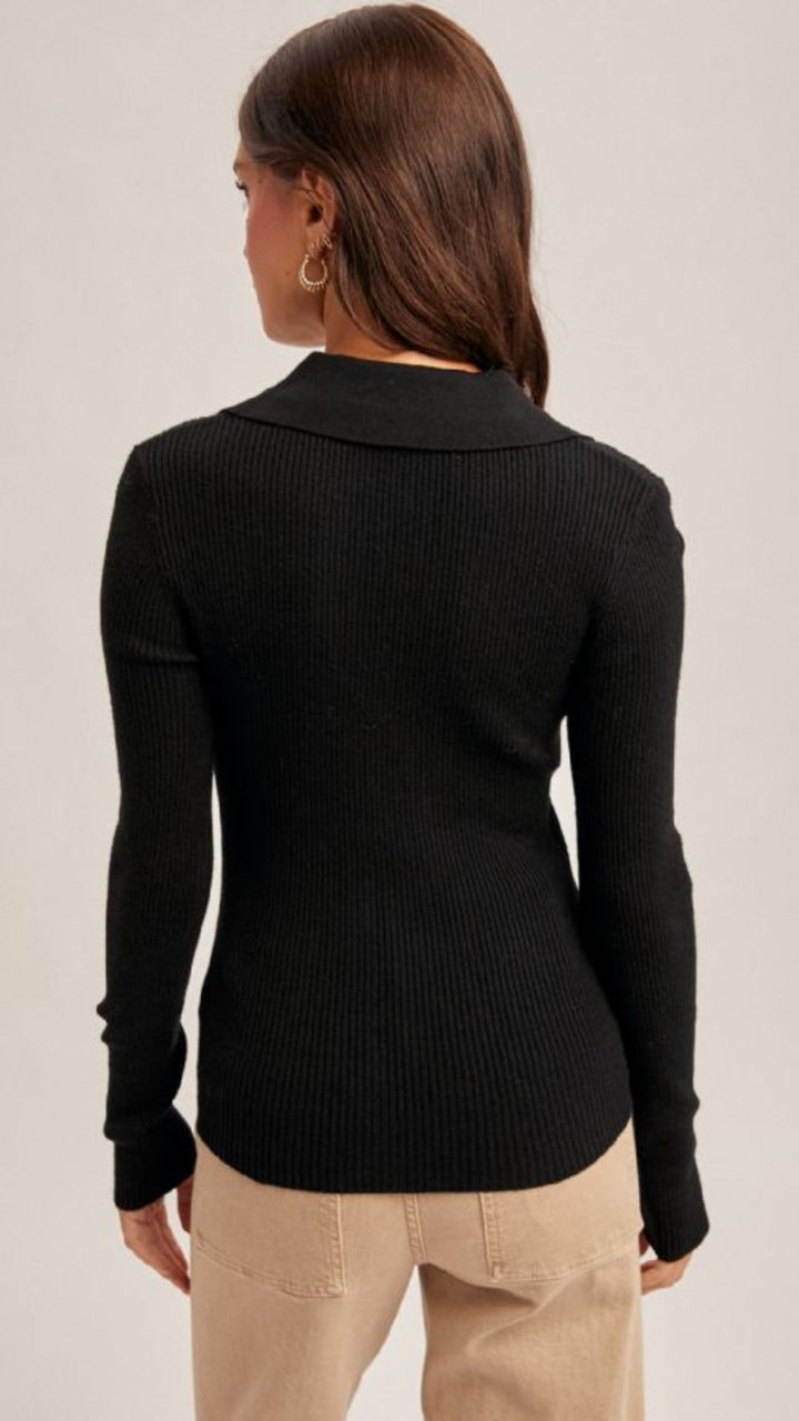 Front Twist V Neck Collared Sweater Knit Top