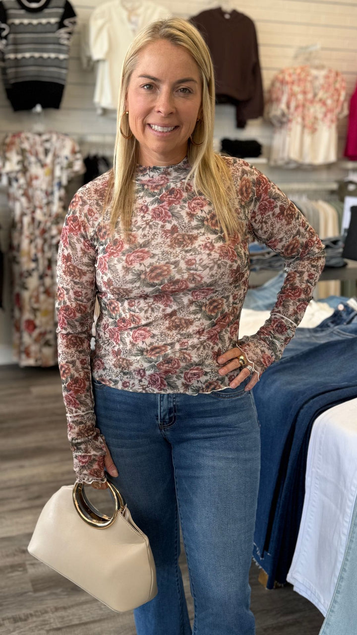 Cream Floral Print Mesh Mock Neck Top