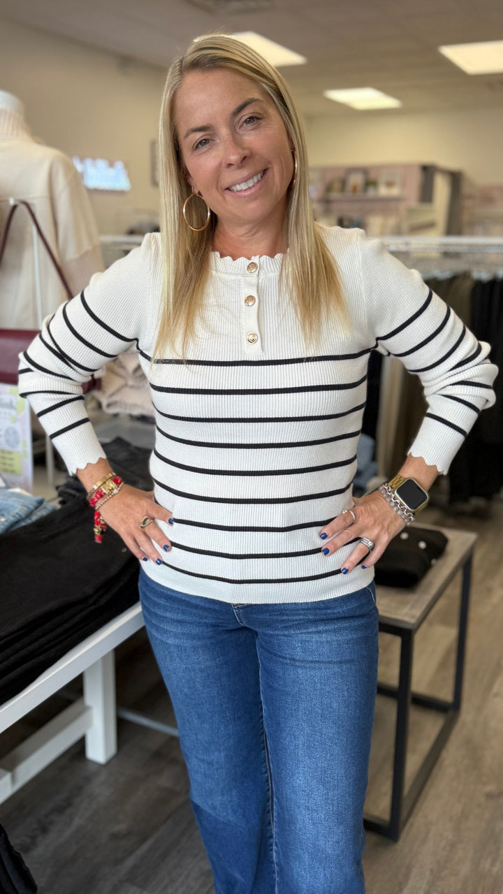 Off White And Navy Stripe Buttoned Scalloped Detail Top