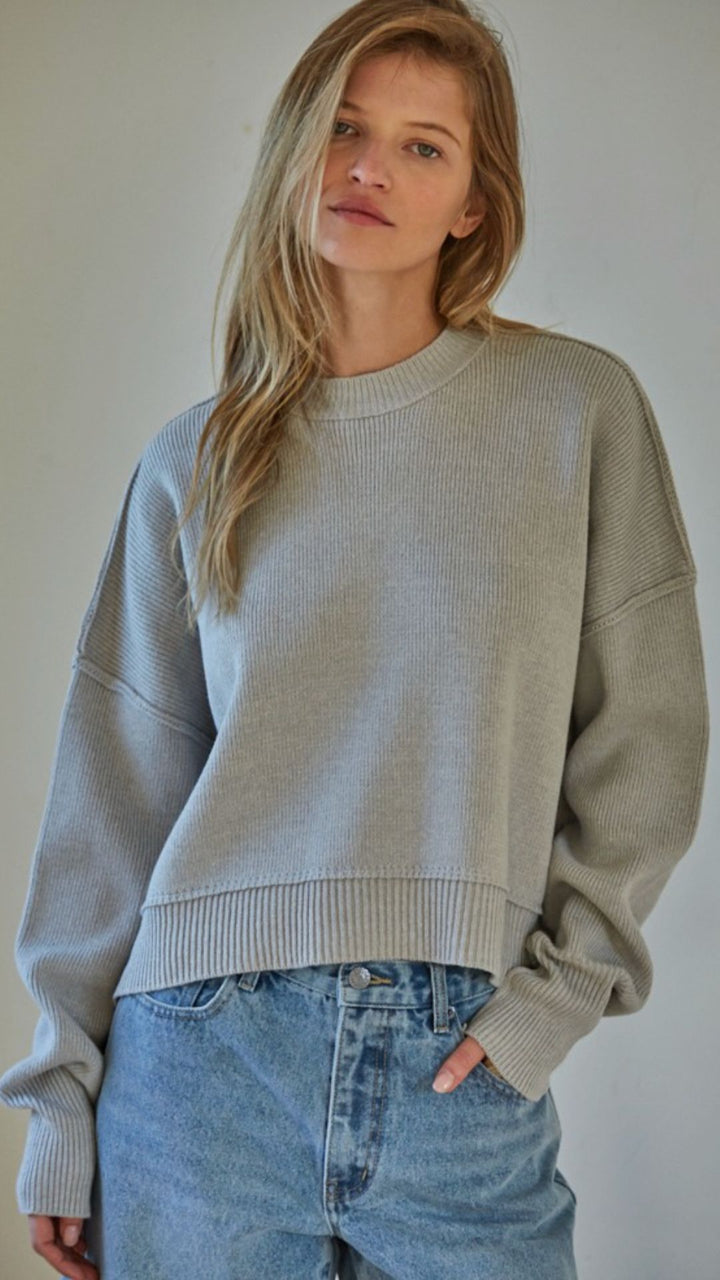 Light Gray Cotton Acrylic Ribbed Knit Sweater