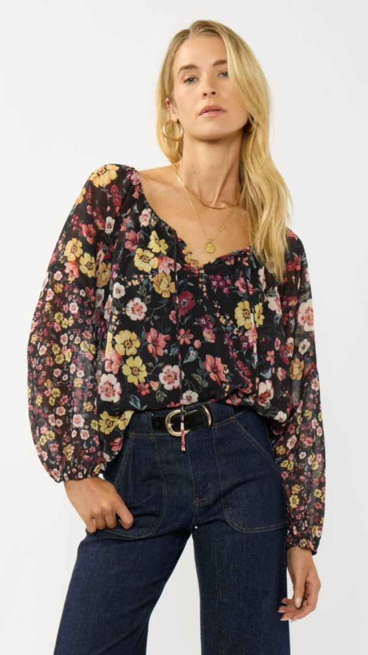 Floral Long Sleeve Blouse With Neck Tie