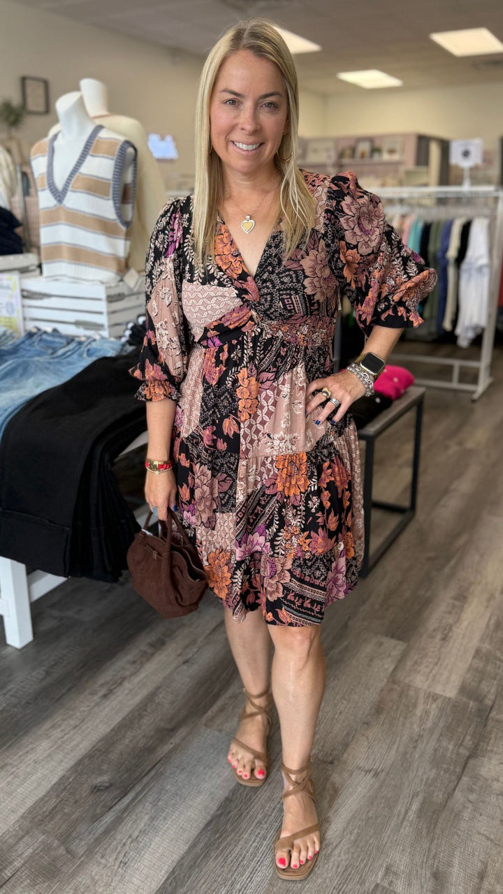 Twist Front Long Sleeve Patchwork Print Dress