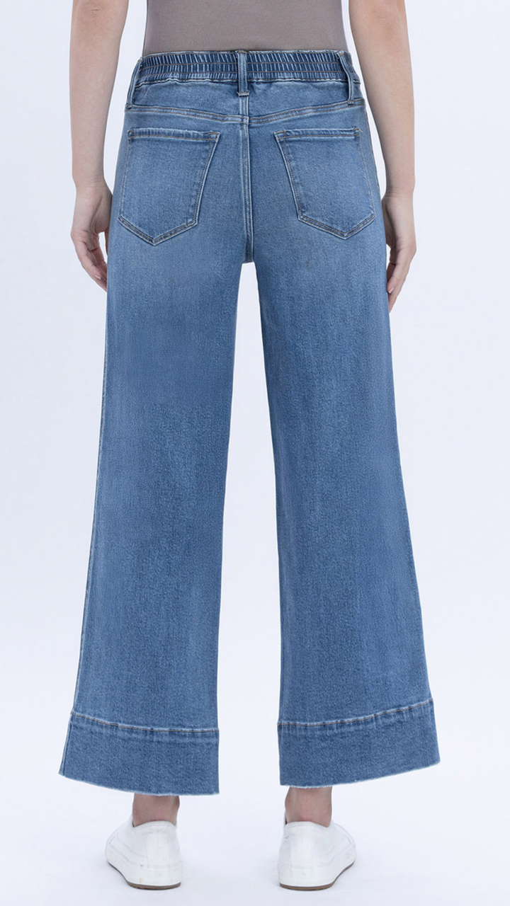 High Rise Elastic Waistband Utility Pocket Wide Leg Jeans