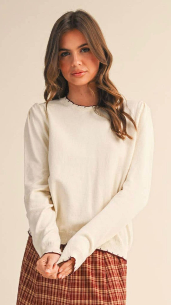 Ivory And Wine Contrast Knit Scalloped Edge Sweater