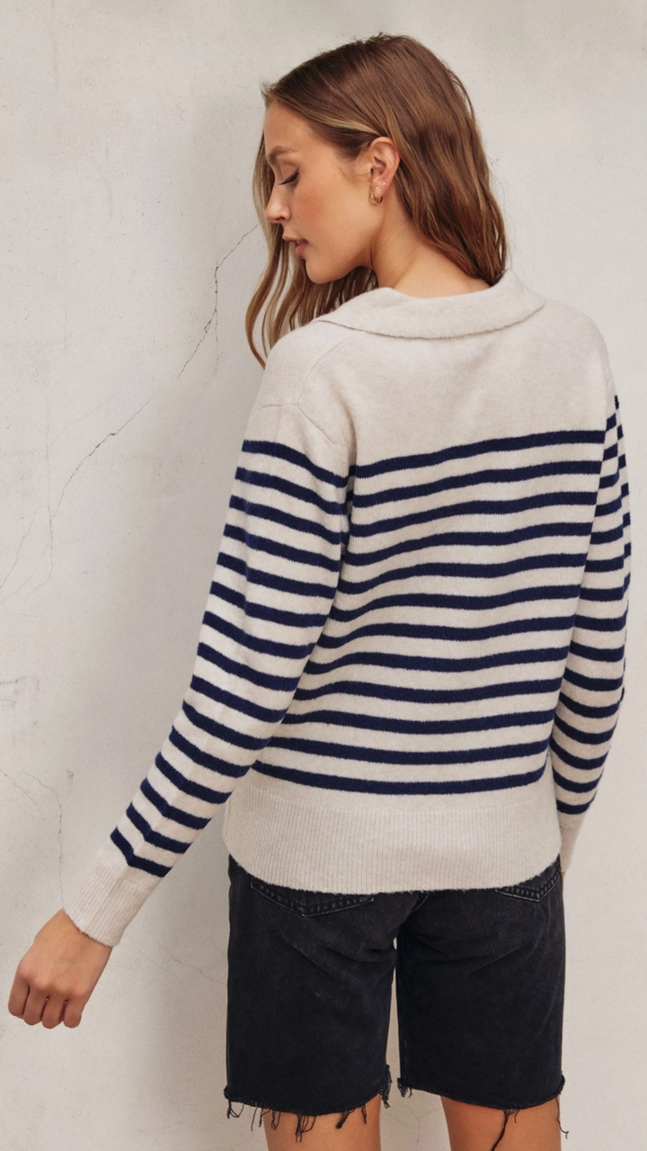 Soft Fuzzy Navy Striped Polo Sweater