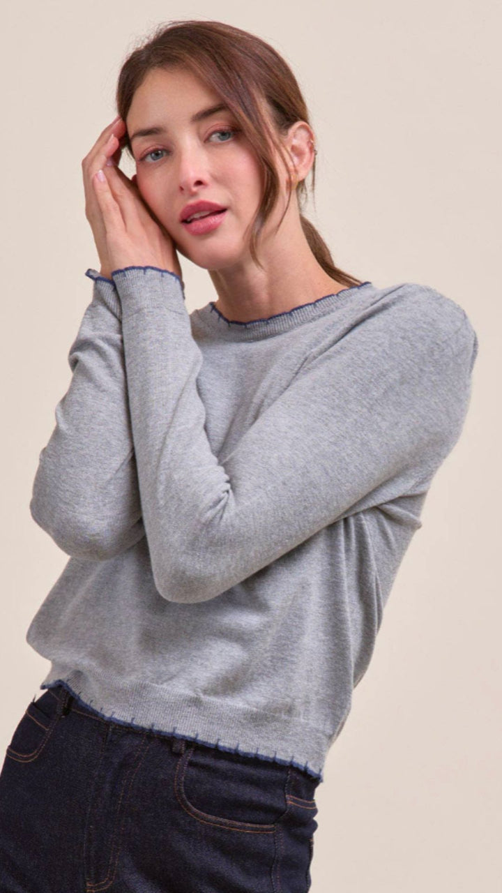 Heather Gray And Blue Contrast Knit Scalloped Edge Sweater