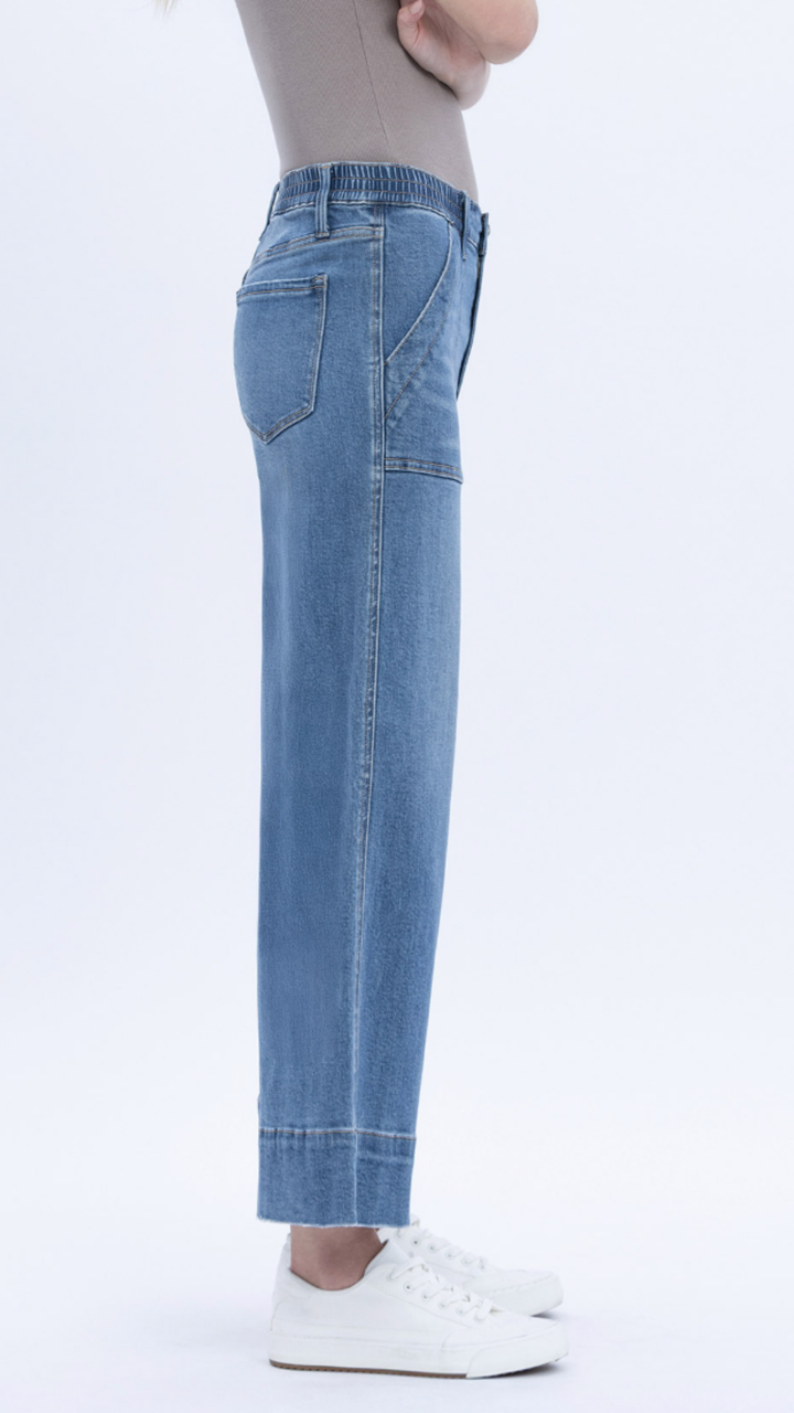 High Rise Elastic Waistband Utility Pocket Wide Leg Jeans