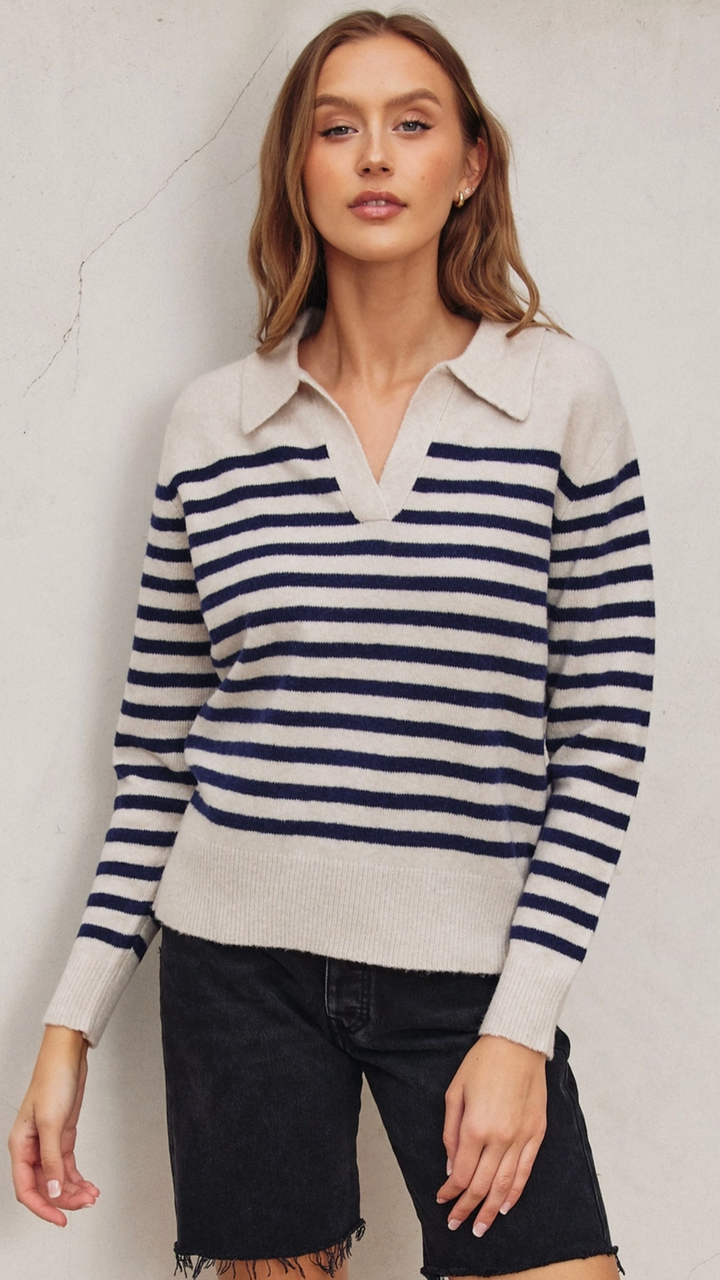 Soft Fuzzy Navy Striped Polo Sweater
