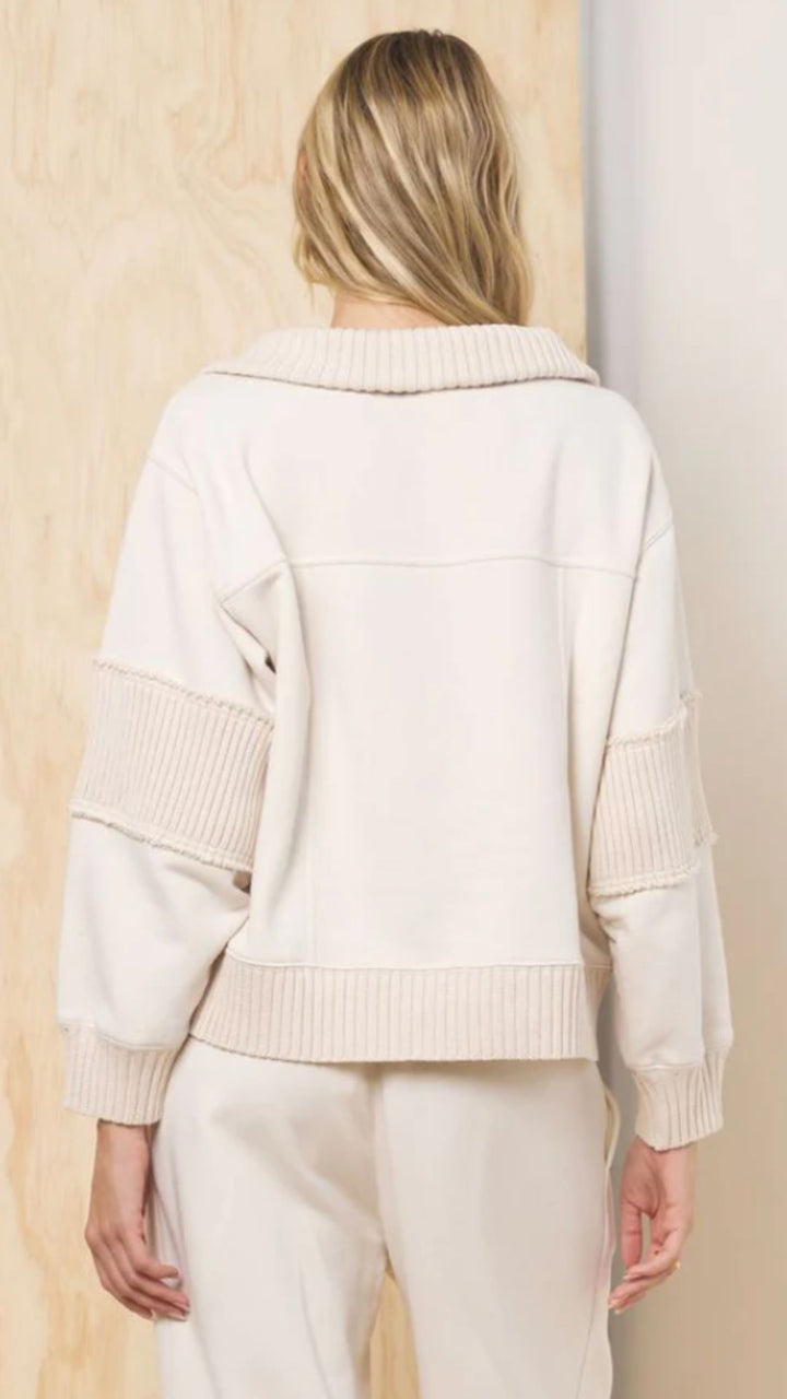 Bone Fleece Quarter Zip With Rib Detail Sweatshirt
