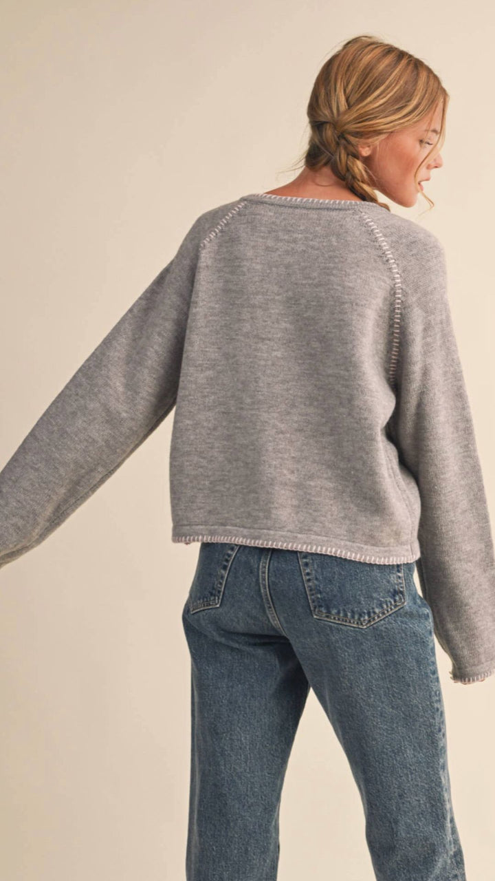 Gray And Pink Contrast Stitch Sweater