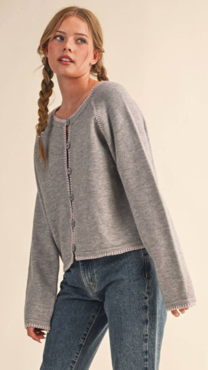 Gray And Pink Contrast Stitch Sweater