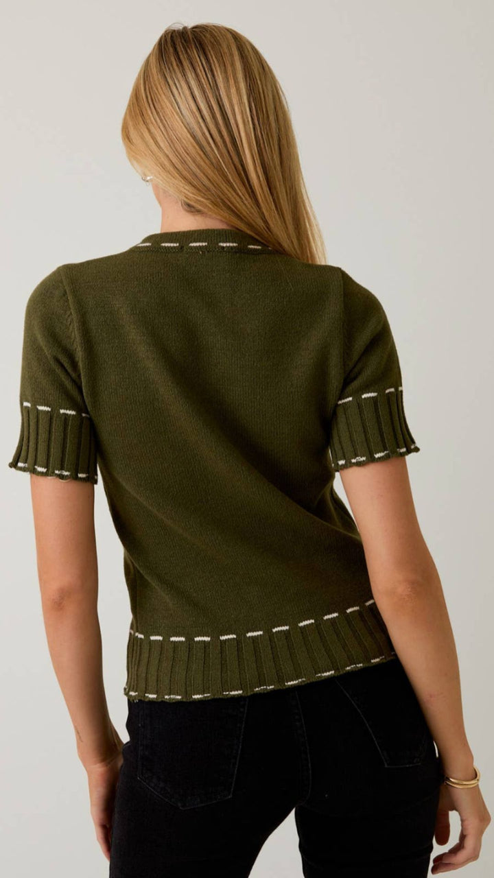 Olive Round Neck Stitch Detail Sweater Cardigan