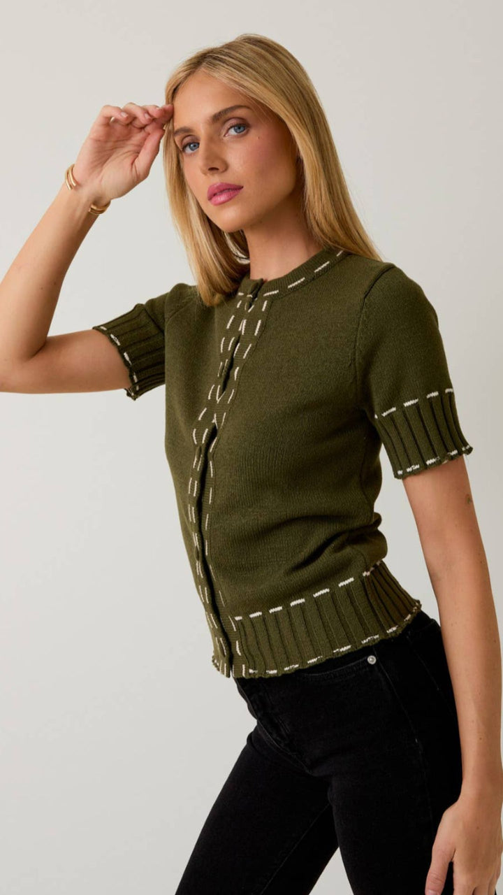 Olive Round Neck Stitch Detail Sweater Cardigan