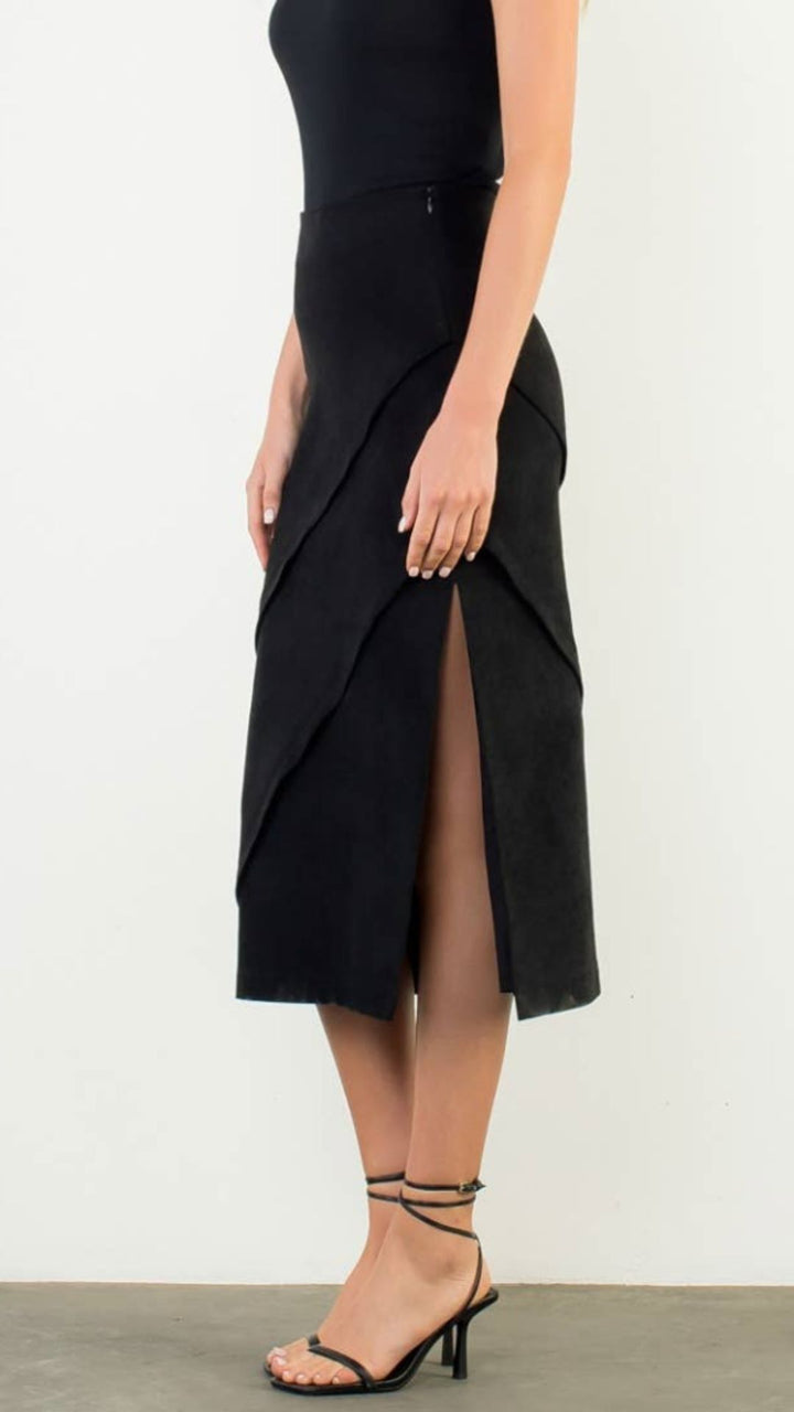 Black Suede Wrap Detail Midi Skirt